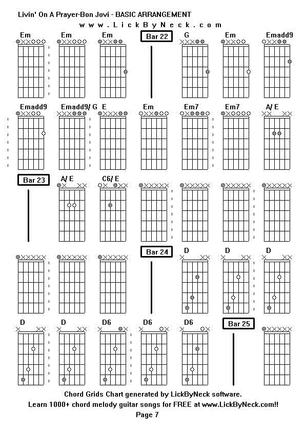 Chord Grids Chart of chord melody fingerstyle guitar song-Livin' On A Prayer-Bon Jovi - BASIC ARRANGEMENT,generated by LickByNeck software.